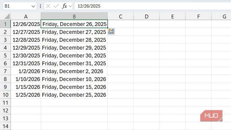 پر کردن تاریخ‌ها با فلش فِل در اکسل