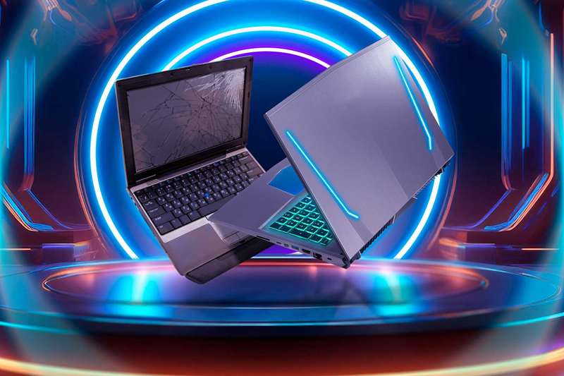 محیط آینده‌نگر با یک لپ‌تاپ قدیمی صفحه‌نمایش شکسته در کنار یک لپ‌تاپ مدرن