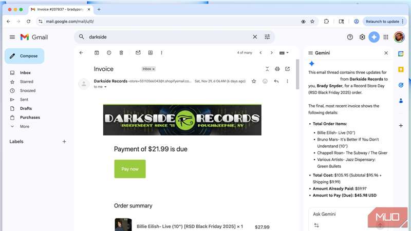 خلاصه‌ای از یک رشته ایمیل در Gmail.