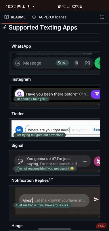 صفحه مستندات GitHub که فهرست پلتفرم‌های پیام‌رسانی پشتیبانی‌شده برای Coreply را نشان می‌دهد.