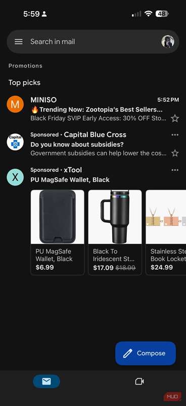 اسکرین‌شات Gmail روی آیفون.