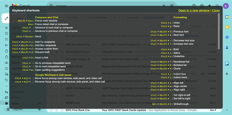 فهرست میان‌برهای صفحه‌کلید جیمیل