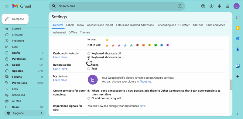 تنظیمات برای فعال‌سازی میان‌برهای صفحه‌کلید جیمیل