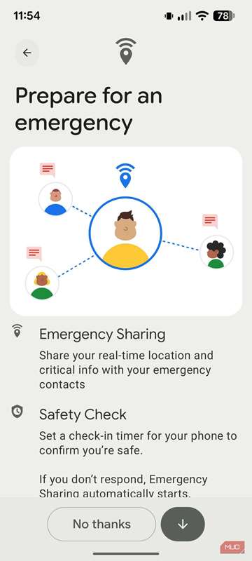 یک اسکرین‌شات از تنظیمات Google Emergency Sharing در برنامه Personal Safety