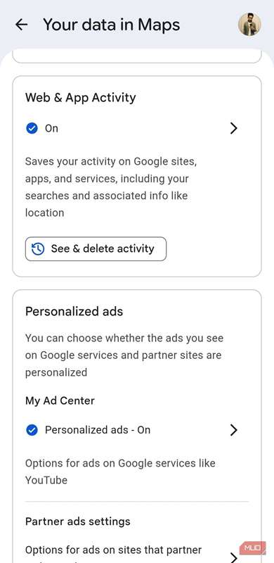 منو تنظیمات فعالیت وب Google Maps در گوشی