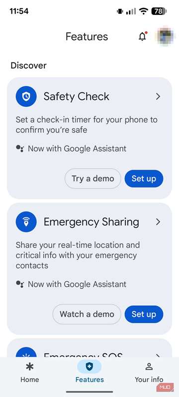یک اسکرین‌شات از برنامه Google Personal Safety که Safety Check و Emergency Sharing را نشان می‌دهد