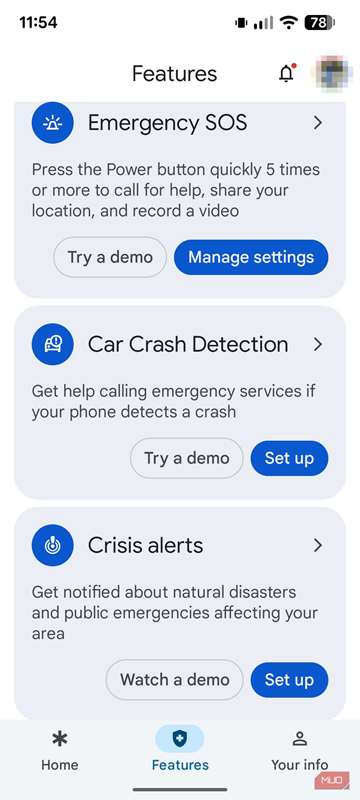 یک اسکرین‌شات از برنامه Google Personal Safety که Emergency SOS، Car Crash Detection و Crisis alerts را نشان می‌دهد