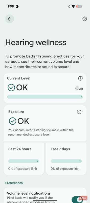 زبانه سلامت شنوایی در اپلیکیشن Google Pixel Buds Pro 2