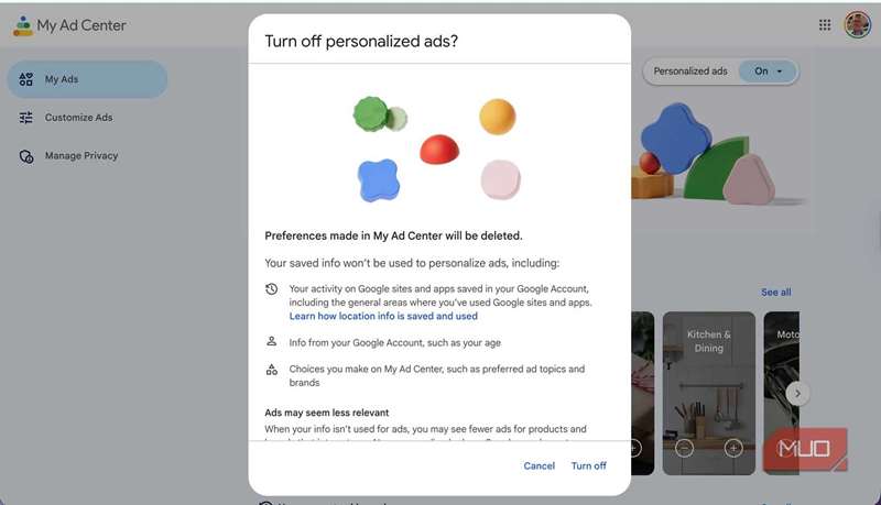 یک تصویر صفحه نمایش که نشان می‌دهد چگونه تبلیغات شخصی‌سازی‌شده برای محصولات گوگل را غیرفعال کنید.