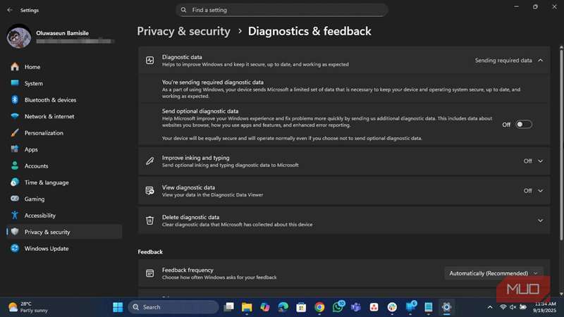 صفحه تشخیص و بازخورد در تنظیمات ویندوز 11