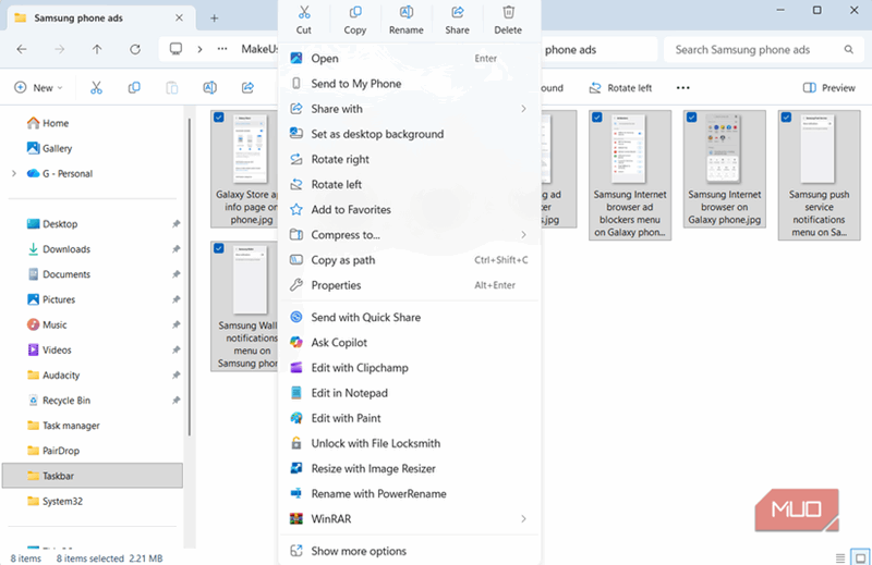 ابزارهای تغییر اندازه تصویر و تغییر نام در منوی زمینه