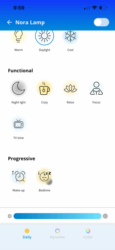صفحهٔ عملکردهای نور لامپ هوشمند WiZ در برنامه