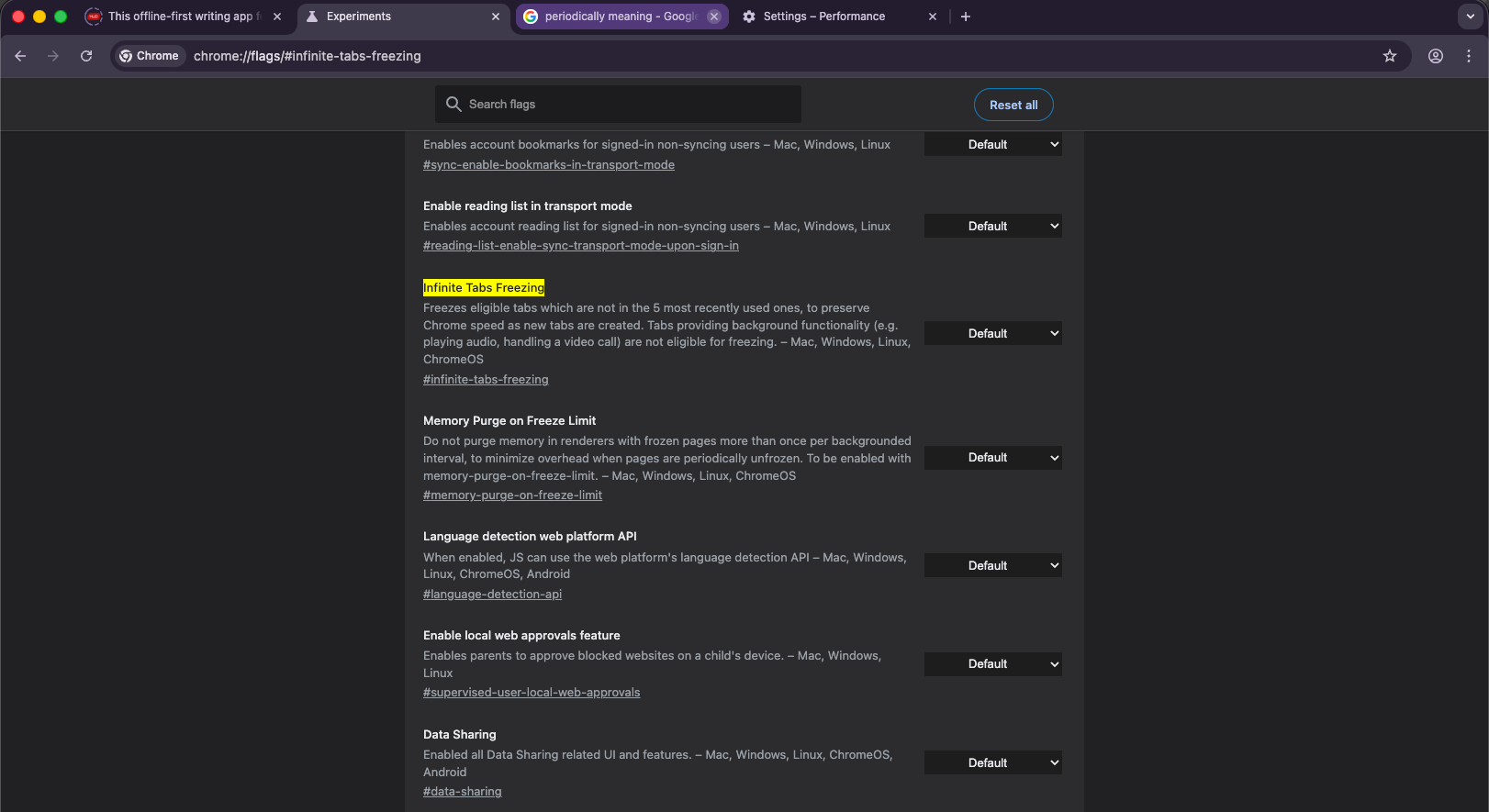 پرچم منجمدسازی نامحدود تب کروم که در پرچمهای کروم برجسته شده است
