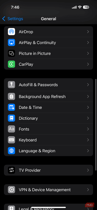بخش General تنظیمات آیفون