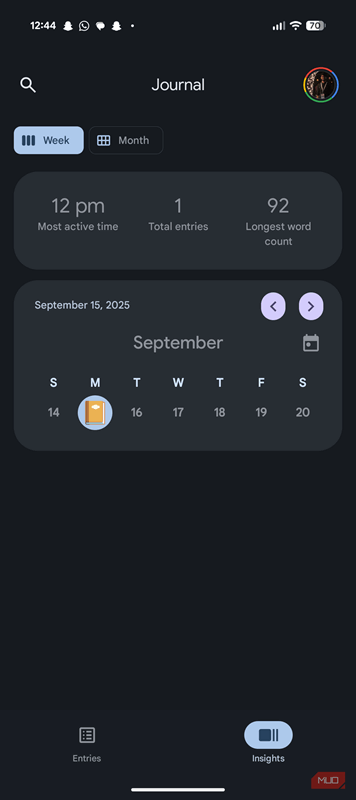 منوی بینش در برنامهٔ دفترچه‌نگاری گوگل.