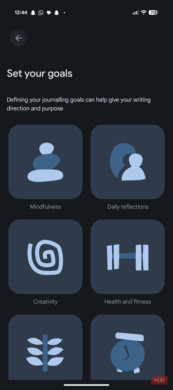 صفحهٔ اهداف در برنامهٔ دفترچه‌نگاری گوگل.
