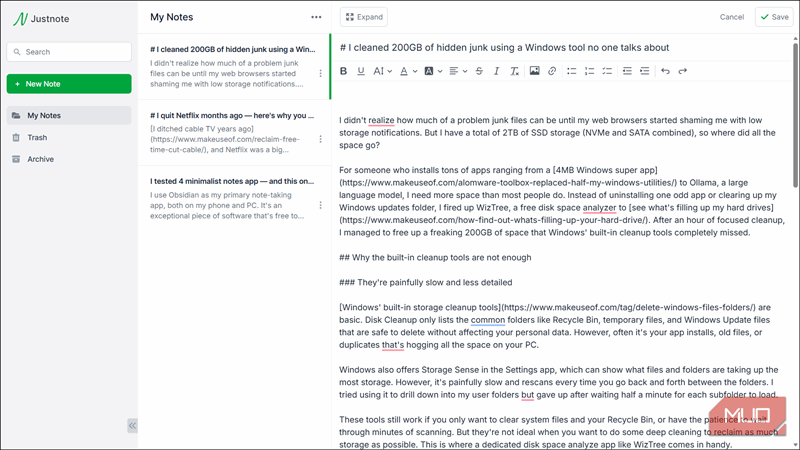 نسخه وب برنامه Justnote