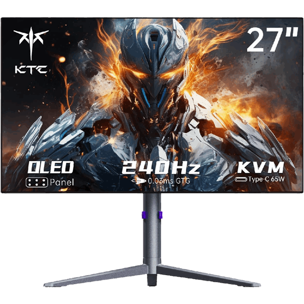 مانیتور OLED KTC، ۲۷ اینچ با وضوح ۱۴۴۰p، دارای گرافیکی روی صفحه که قابلیت‌های این مانیتور را نشان می‌دهد