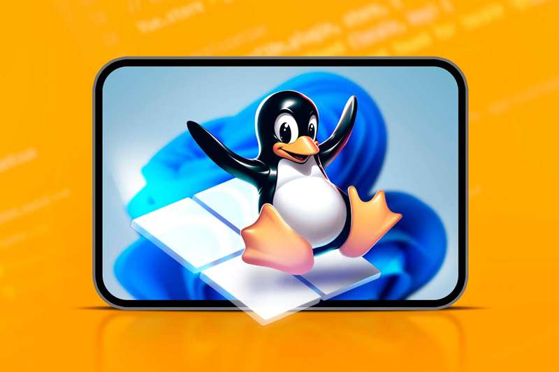 نمایشگر ماسکوت لینوکس که از لوگوی ویندوز بیرون می‌آید و صفحهٔ Windows 11 پشت آن