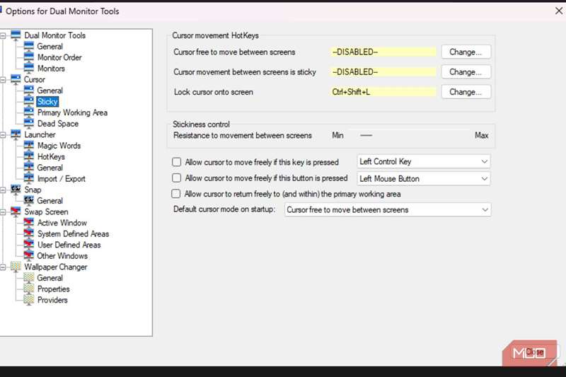 صفحه‌ای که برخی گزینه‌های موجود در منوی چسبندهٔ Dual Monitor Tools را نشان می‌دهد