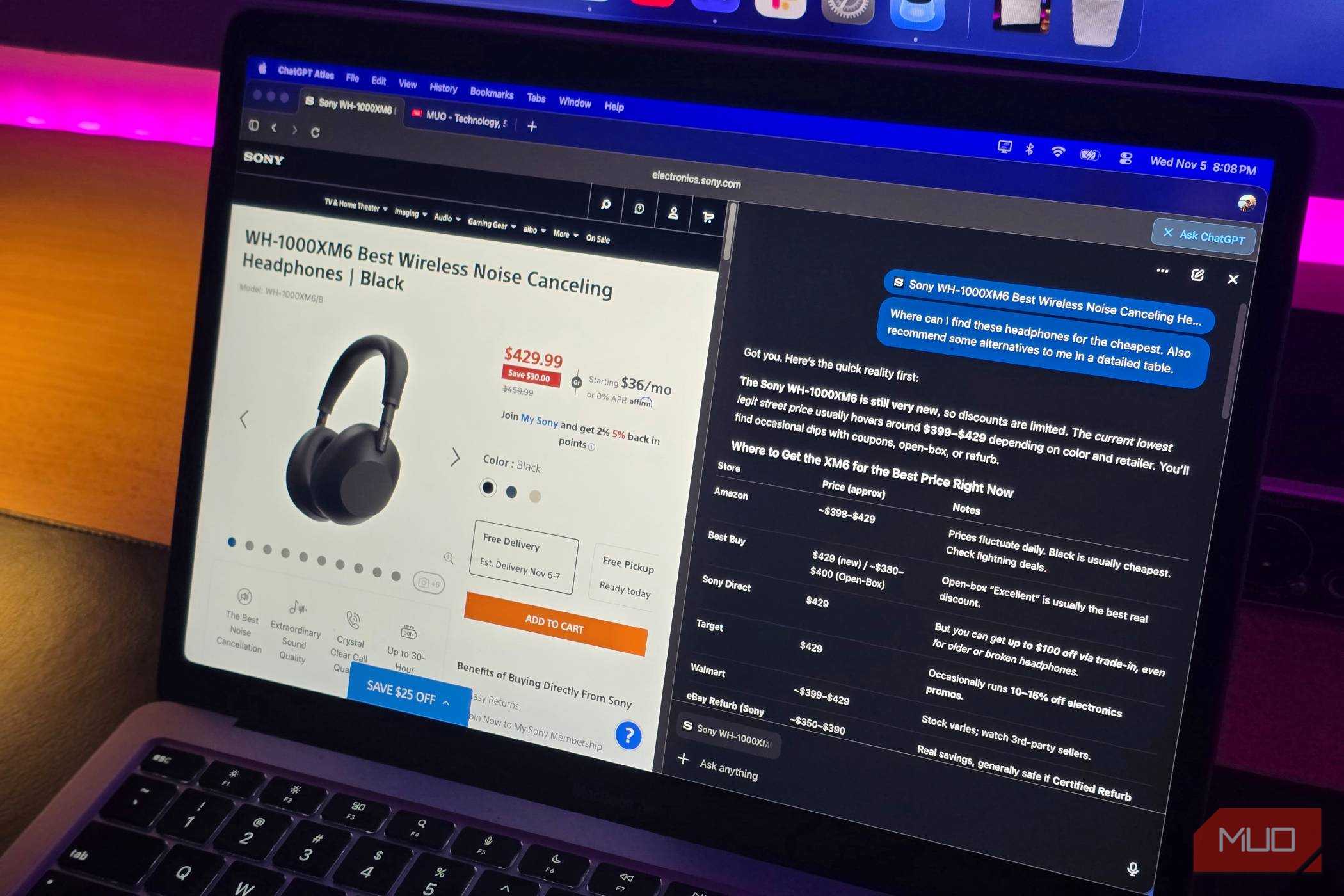 MacBook Air همراه با ChatGPT Atlas که سعی دارد ارزانترین قیمت یک جفت هدفون سونی را پیدا کند