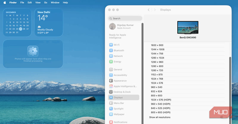 تنظیمات نمایش macOS با لیست تمام وضوح‌ها