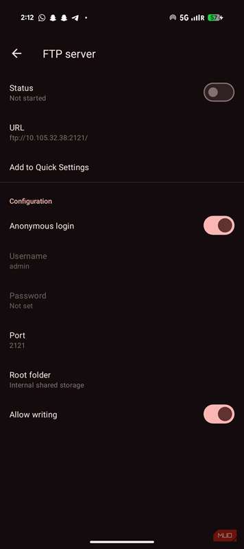 تنظیمات سرور FTP فایل‌های متریال