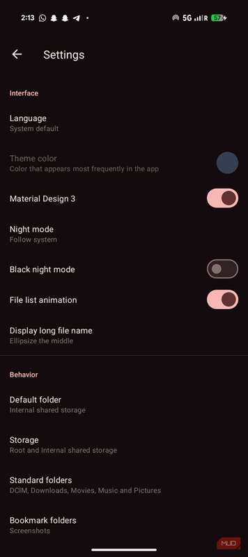 منوی تنظیمات فایل‌های متریال