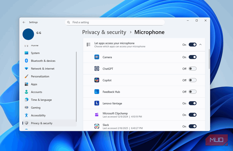منوی مجوز میکروفن در ویندوز ۱۱