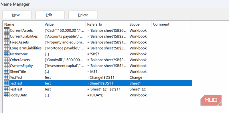 مدیر نام‌ها در اکسل