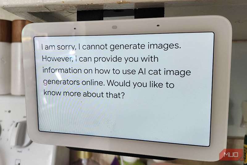 هشدار هوش مصنوعی تولیدی Nest Hub که بیان می‌کند نمی‌تواند تصویر تولید کند