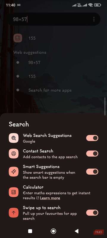 تنظیمات نوار جستجوی Niagara Launcher.