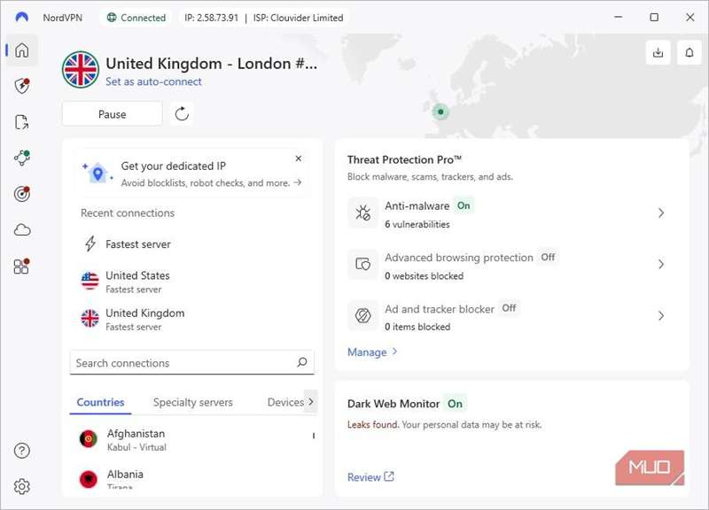 صفحه اصلی برنامه NordVPN.