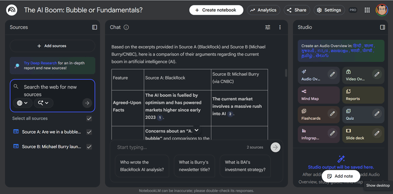 NotebookLM برای بررسی دیدگاه‌ها.