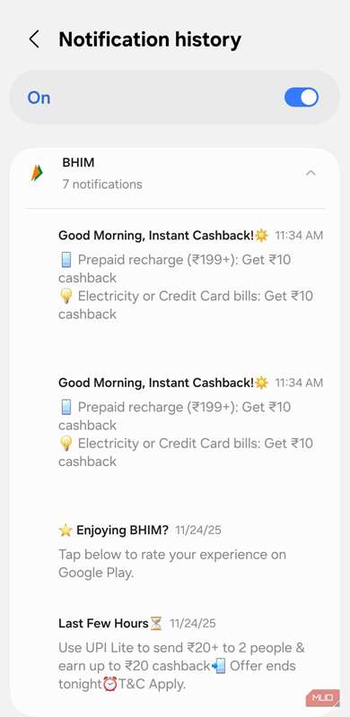 تاریخچهٔ اعلان‌های یک برنامه در گوشی اندروید