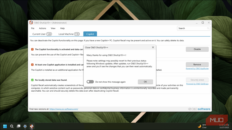 دیالوگ O&O ShutUp10++