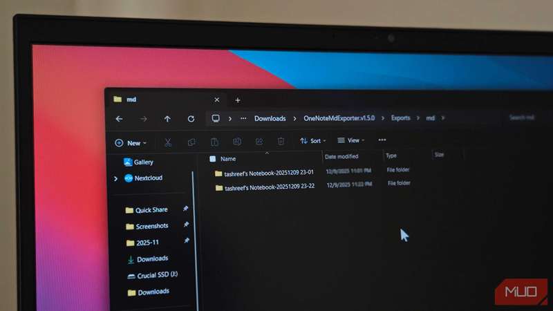 یادداشت‌های OneNote که توسط OneNote MD Exporter در File Explorer صادر شده‌اند