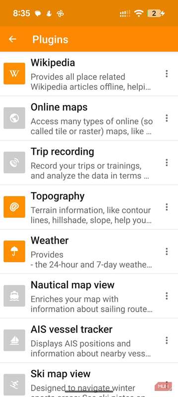 یک اسکرین‌شات از افزونه‌های OsmAnd روی یک تلفن اندروید.