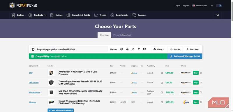 لیست قطعات انتخاب‌کننده قطعات PC