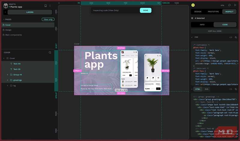 تب بازرسی Penpot همراه با کد طراحی.