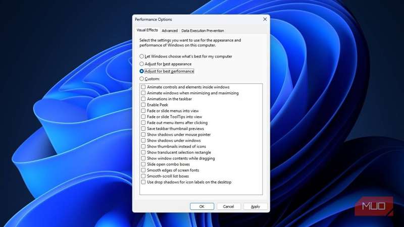 گزینه‌های عملکرد در ویندوز ۱۱ تنظیم شده برای بهترین عملکرد