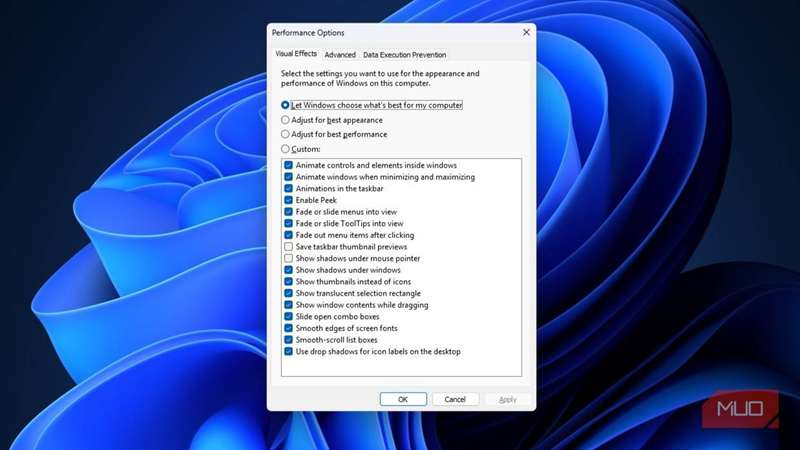 گزینه‌های عملکرد در ویندوز ۱۱
