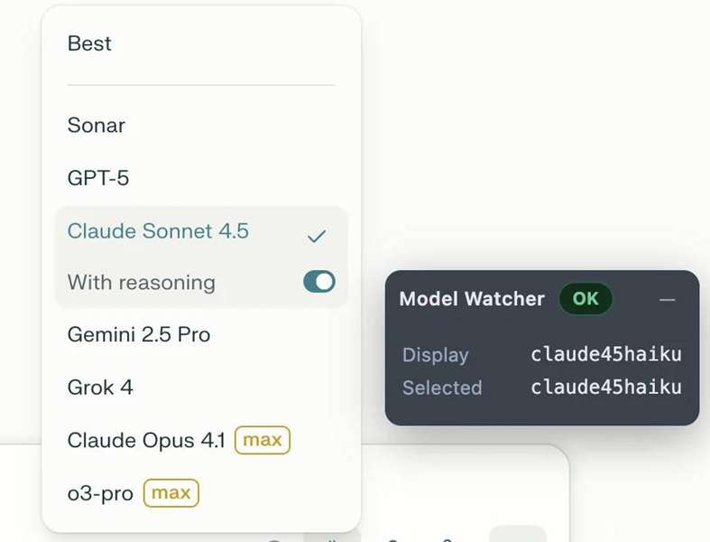 برنامه تعویض مدل پرپِلکسی‌تی که مدل تغییر یافته نوامبر ۲۰۲۵ را شناسایی می‌کند