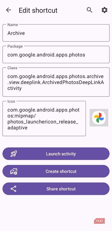 میانبر برنامه Photos در Activity Launcher