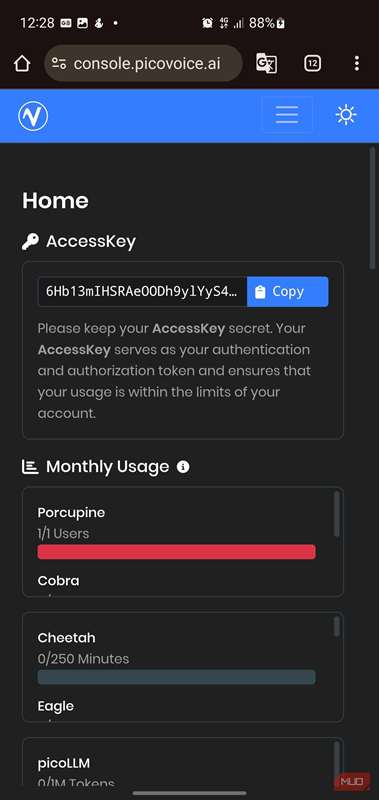 پانل کنترل Picovoice که یک AccessKey به‌صورت جزئی مخفی را نشان می‌دهد.