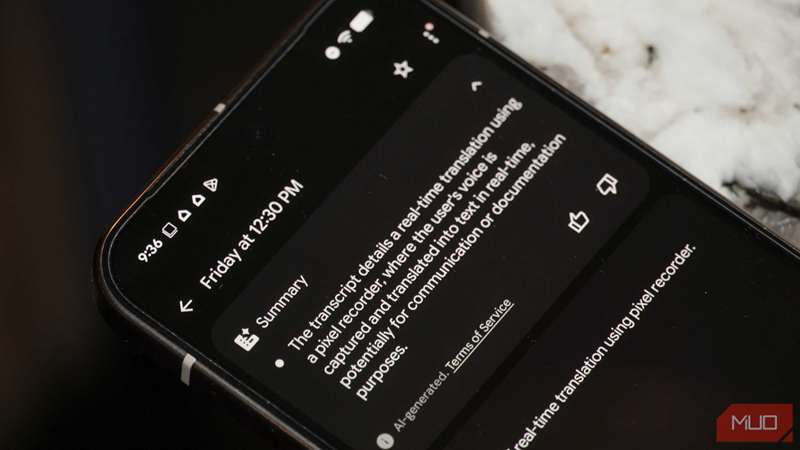 خلاصه‌ای تولید شده توسط هوش مصنوعی در برنامه Pixel Recorder.