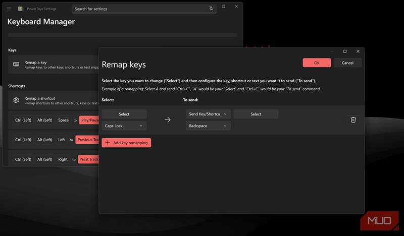 مدیر صفحهکلید PowerToys با گزینه تغییر کلید