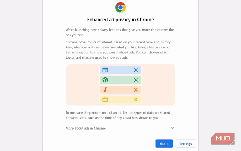 هشدار صندوق‌پیشنهاد حریم‌خصوصی در کروم.