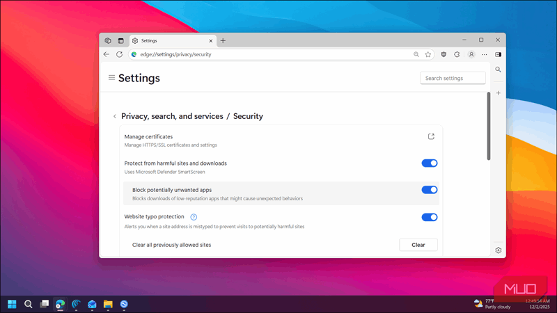 جستجوی حریم‌خصوصی و خدمات - تنظیمات امنیتی در مایکروسافت اج