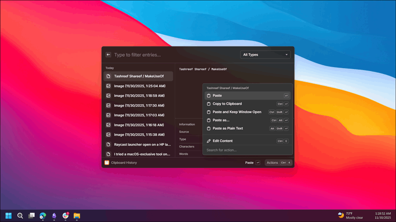 راه‌انداز برنامه Raycast باز شده با منوی زمینه تاریخچه کلیپ‌بورد در نتایج جستجو
